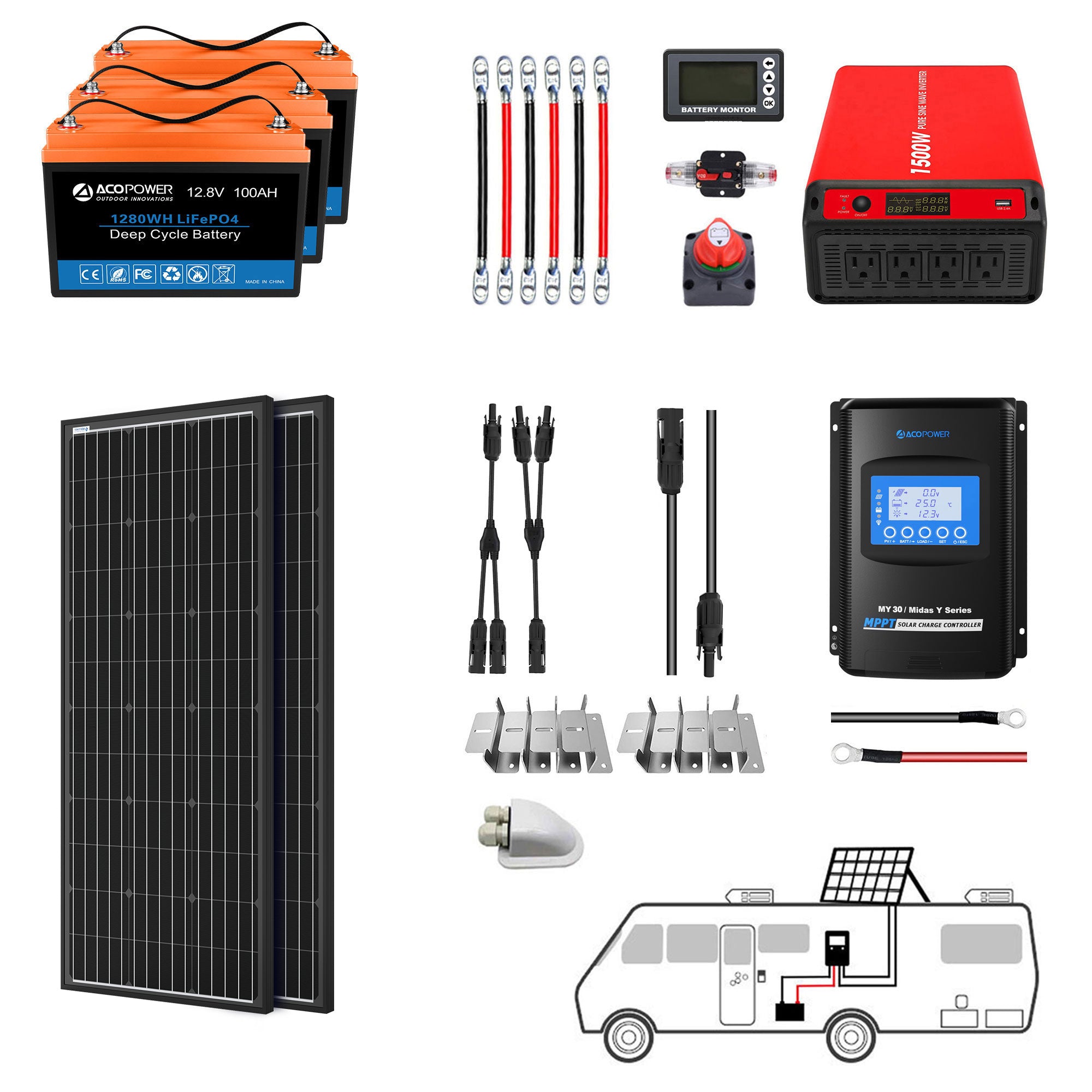 ACOPOWER Batería de litio Mono Sistema completo de energía solar con batería e inversor para RV Boat 12V Off Grid Kit