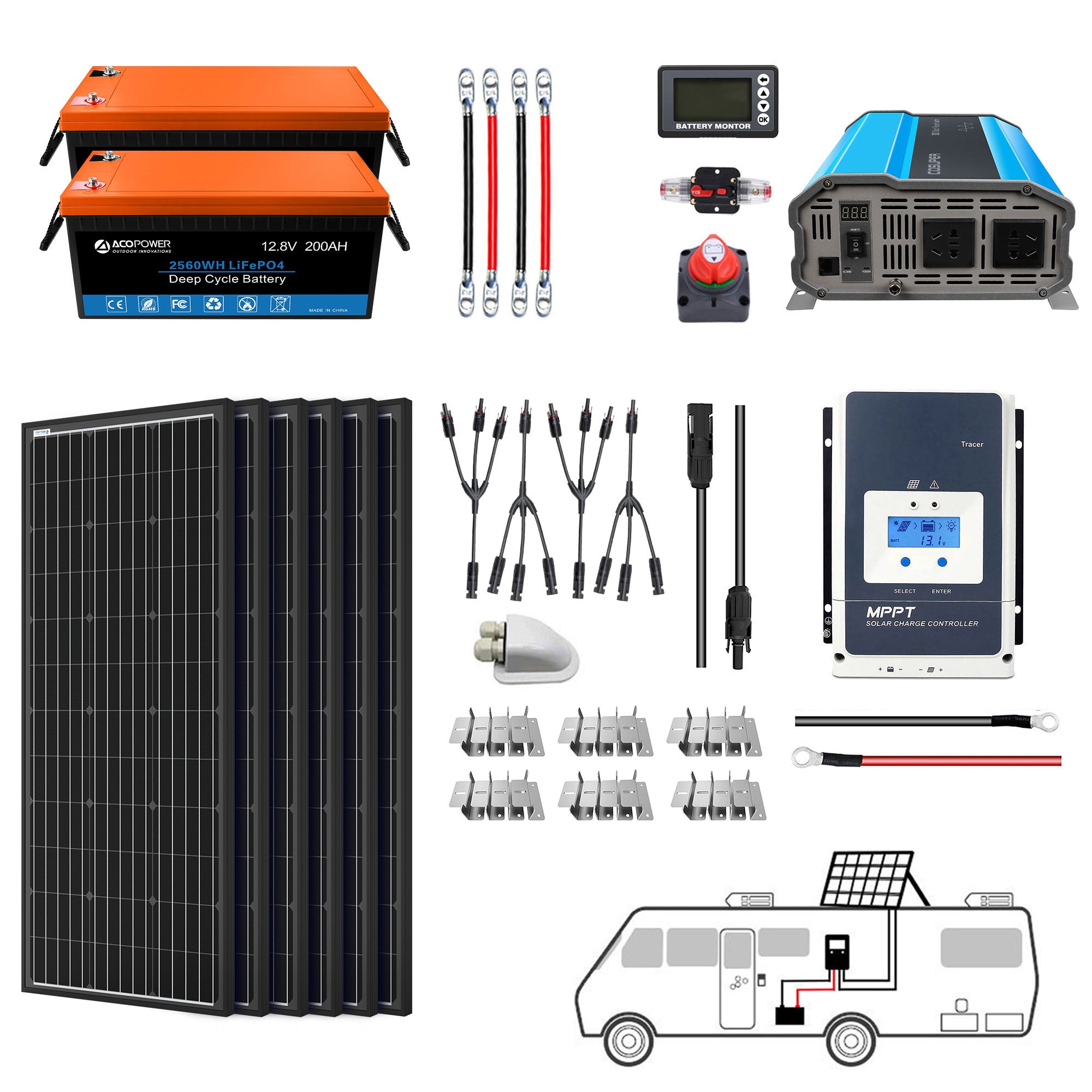 ACOPOWER Batería de litio Mono Sistema completo de energía solar con batería e inversor para RV Boat 12V Off Grid Kit
