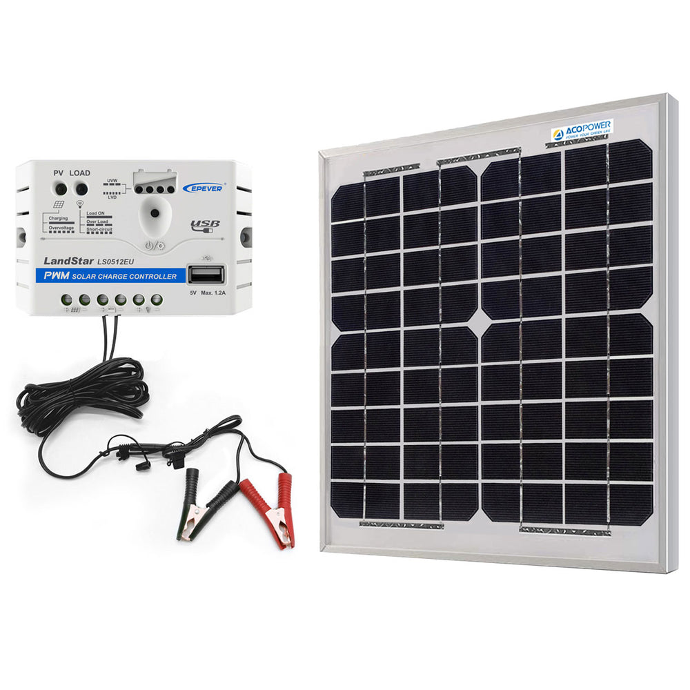 Kit de cargador solar ACOPower de 10 W y 12 V, controlador de carga de 5 A con pinzas de cocodrilo 