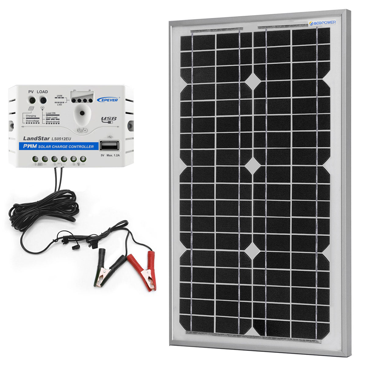 Kit de cargador solar ACOPower de 30 W y 12 V, controlador de carga de 5 A con pinzas de cocodrilo 