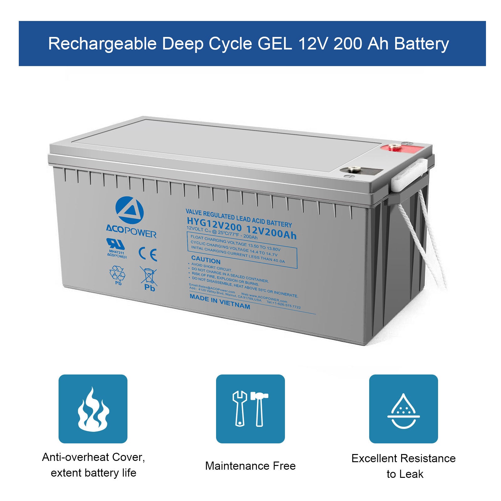 Batería recargable de gel de ciclo profundo 12V 200Ah ACOPOWER HYG12-200Ah