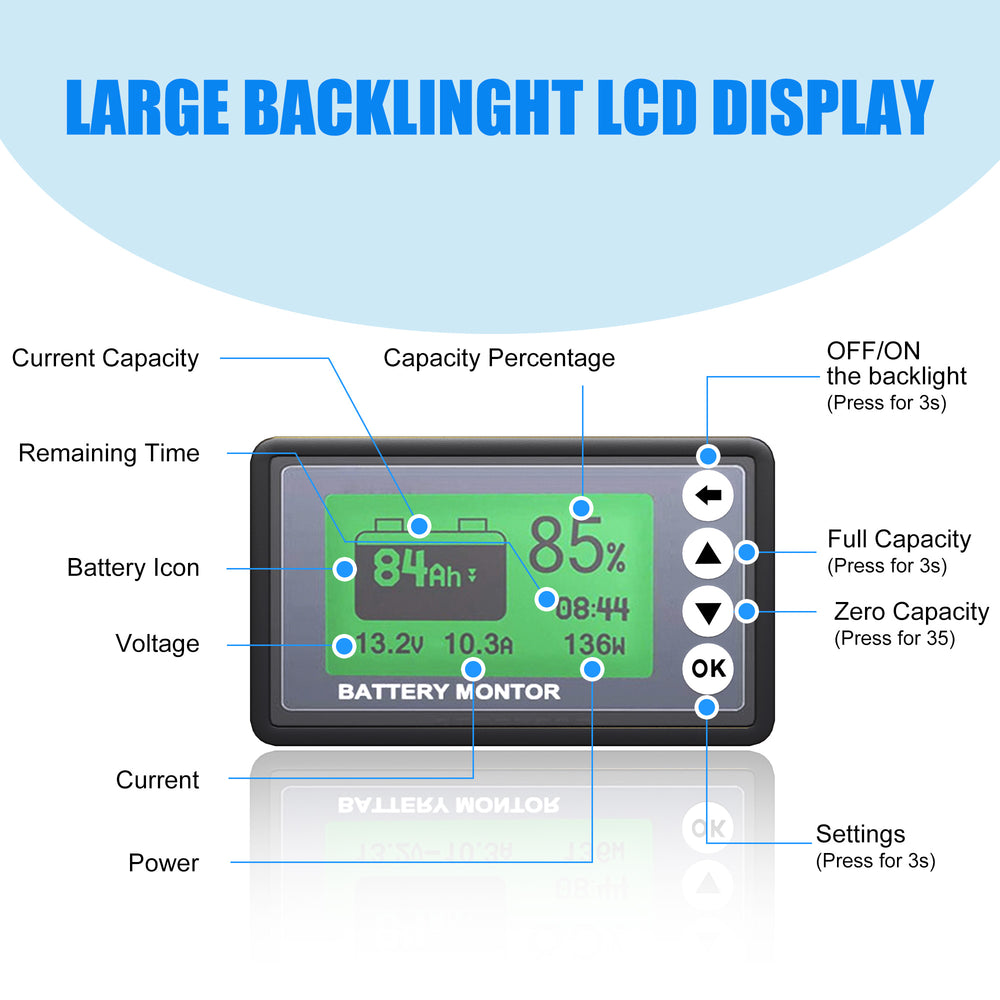 Monitor de batería ACOPOWER 500A, alarma programable de alto y bajo voltaje, rango de voltaje 10V-120V