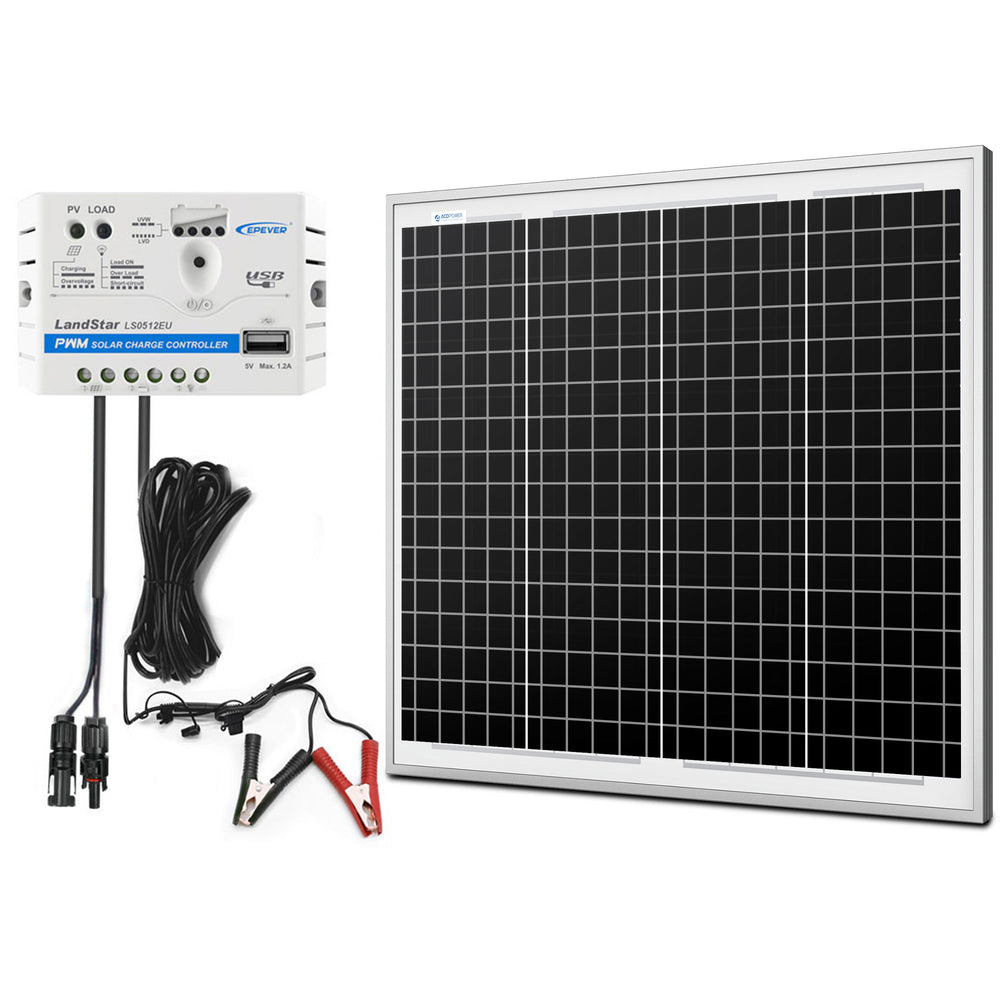 Kit de cargador solar ACOPOWER 50W 12V, controlador de carga 5A con pinzas de cocodrilo 