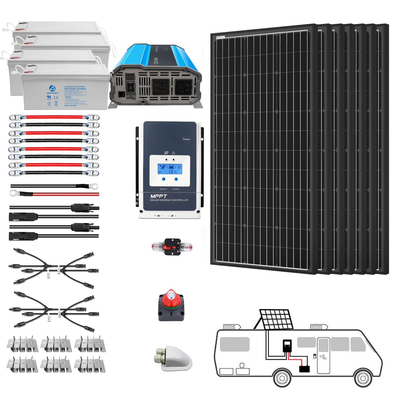 Sistema solar para vehículos recreativos mono negro ACOPOWER de 600 W