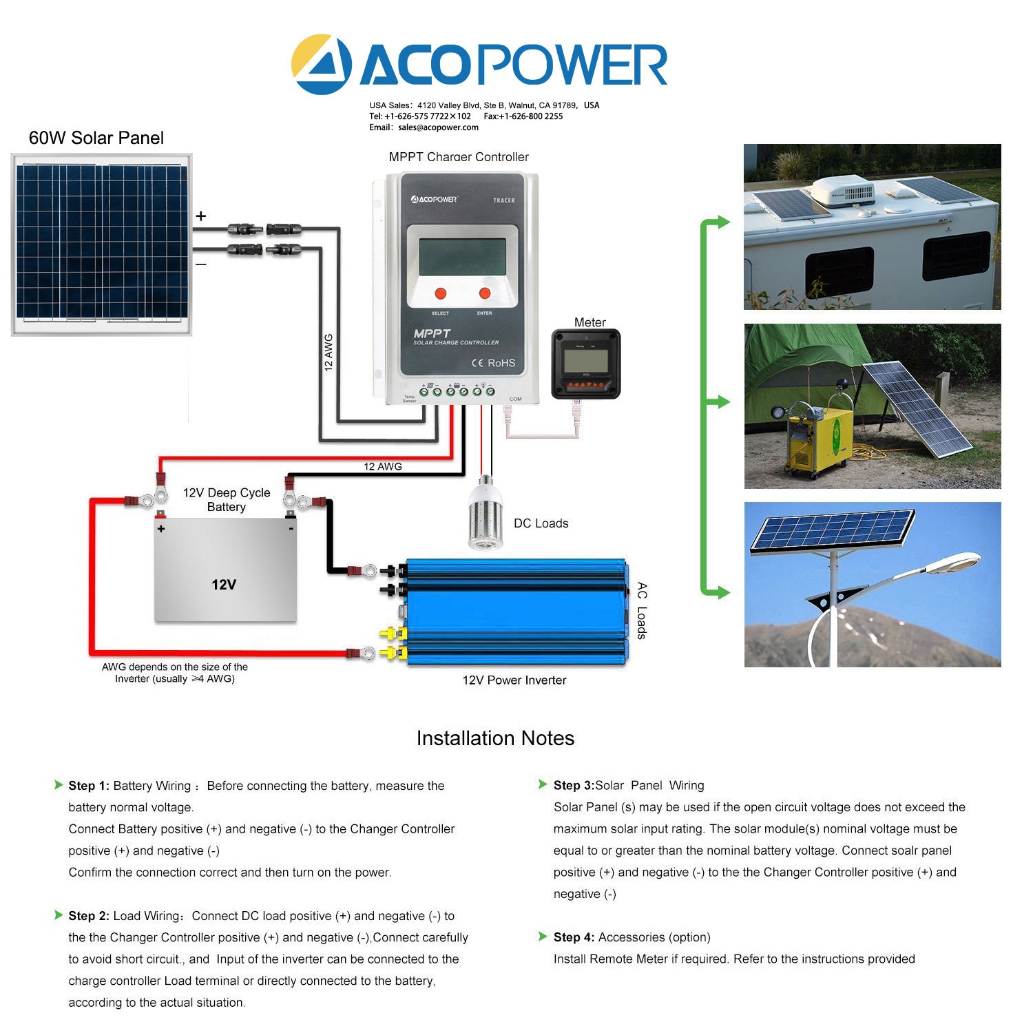 Kit de cargador solar ACOPOWER 60W 12V, controlador de carga 5A con pinzas de cocodrilo 