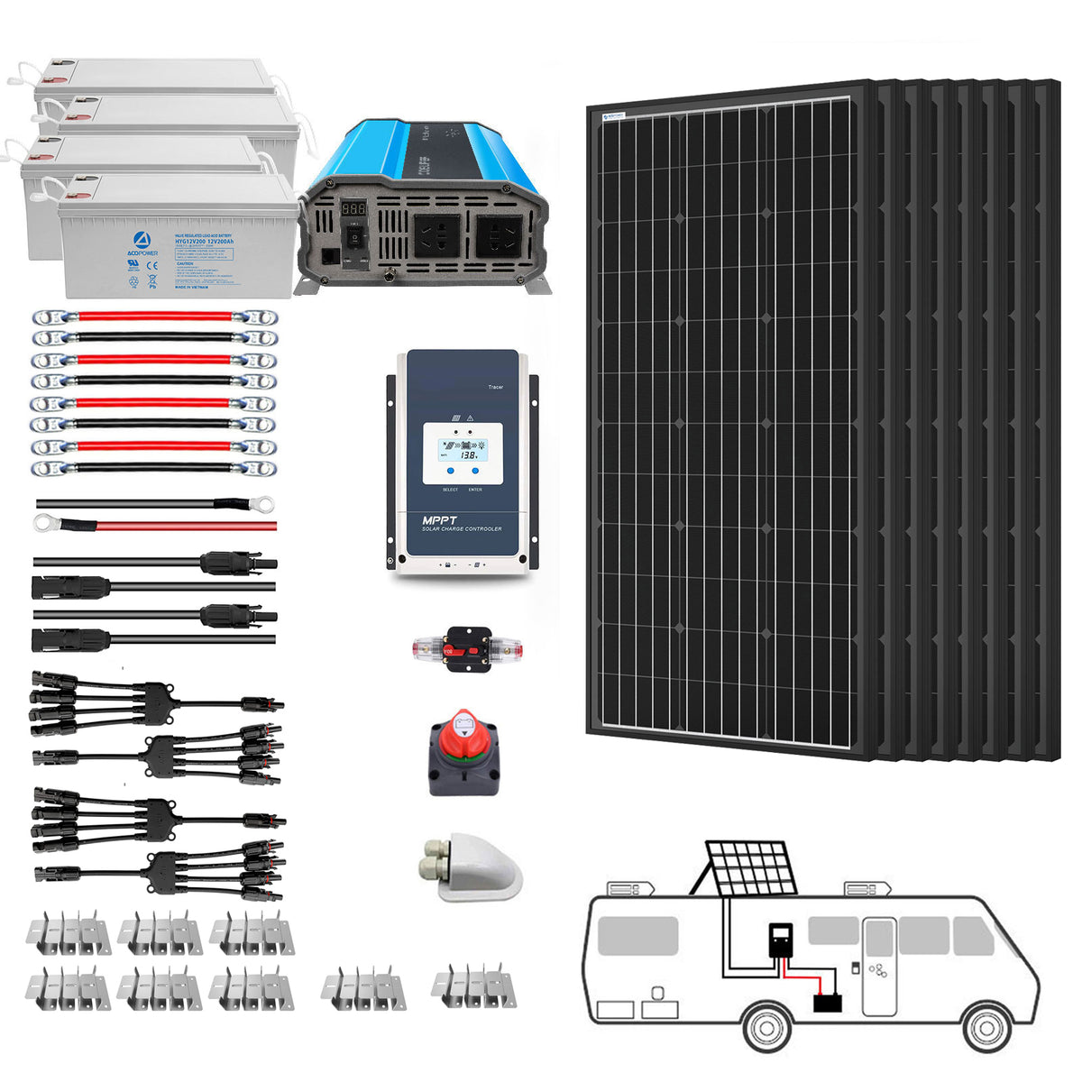 Sistema solar para vehículos recreativos mono negro ACOPOWER de 800 W
