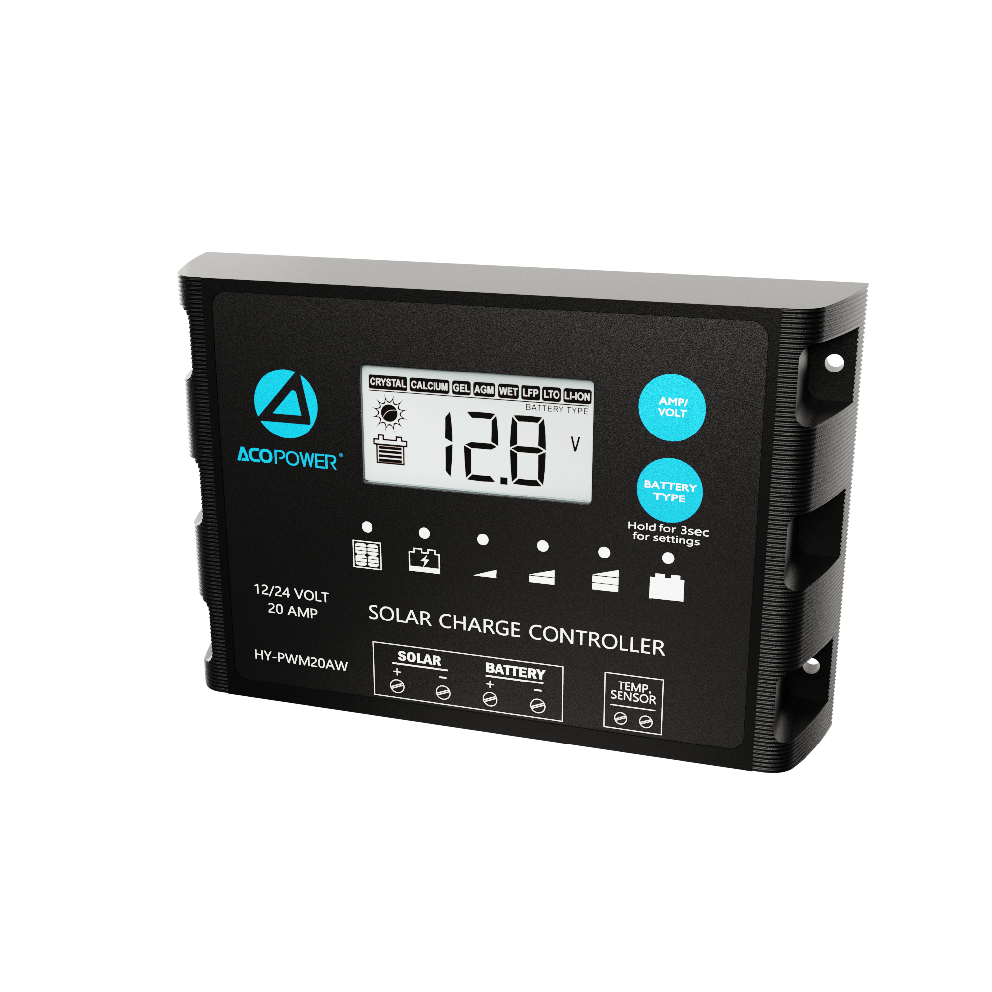 ACOPOWER 20A ProteusX Controlador de carga solar PWM impermeable con pinzas de cocodrilo y conectores MC4
