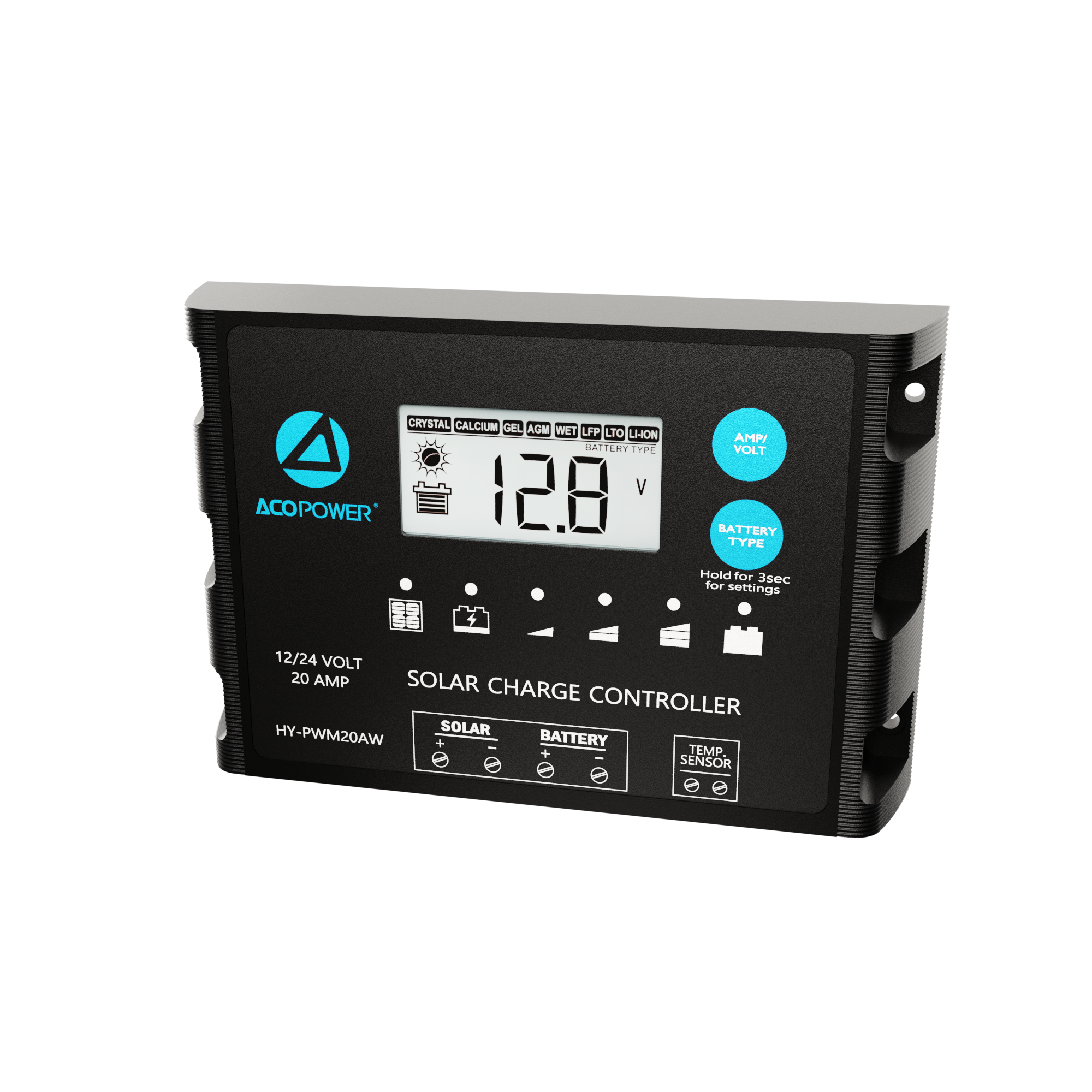ACOPOWER 20A ProteusX Controlador de carga solar PWM impermeable con pinzas de cocodrilo y conectores MC4