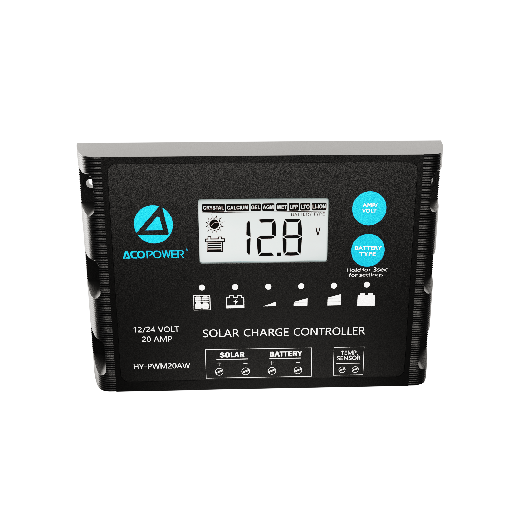 ACOPOWER 20A ProteusX Controlador de carga solar PWM impermeable con pinzas de cocodrilo y conectores MC4