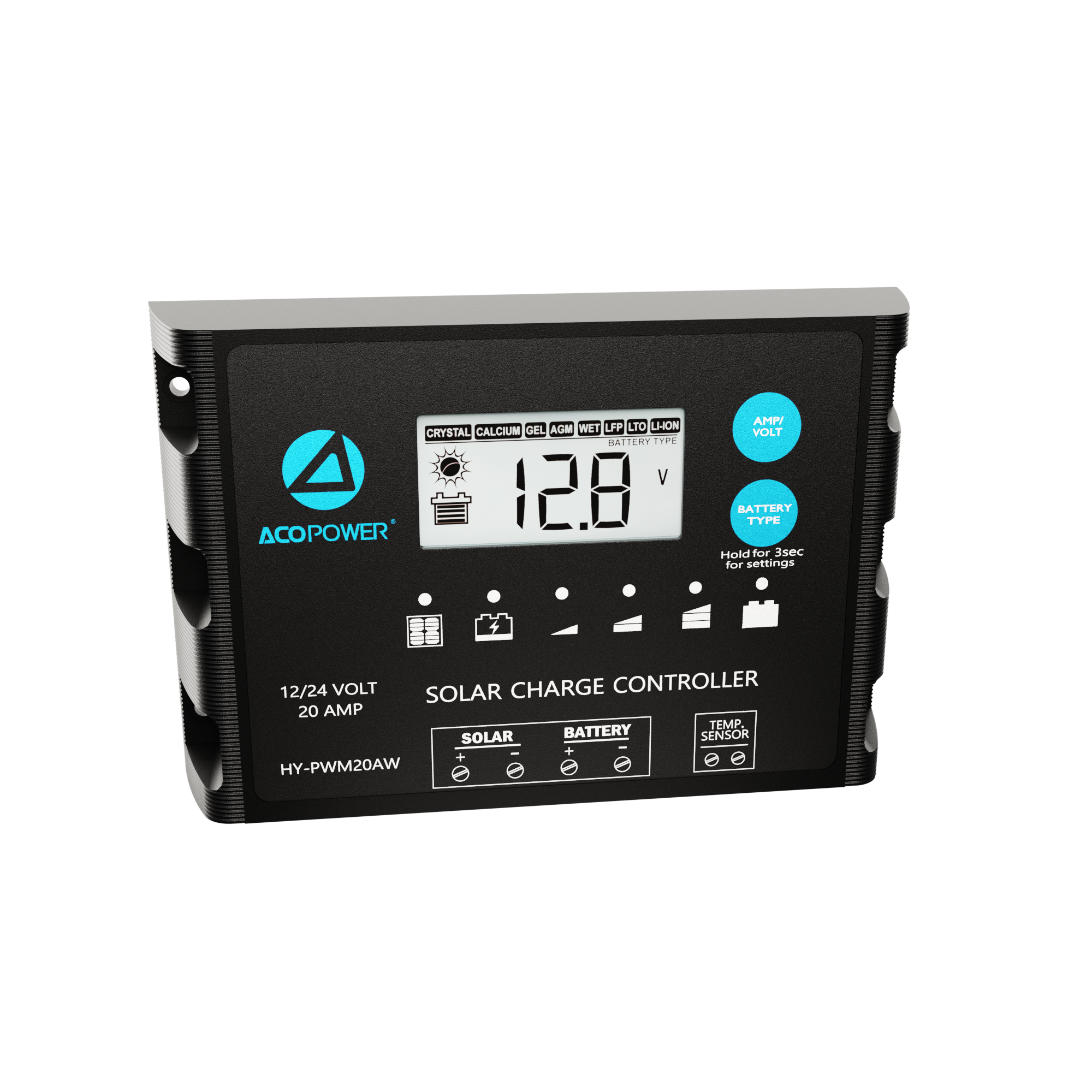 ACOPOWER 20A ProteusX Controlador de carga solar PWM impermeable con pinzas de cocodrilo y conectores MC4