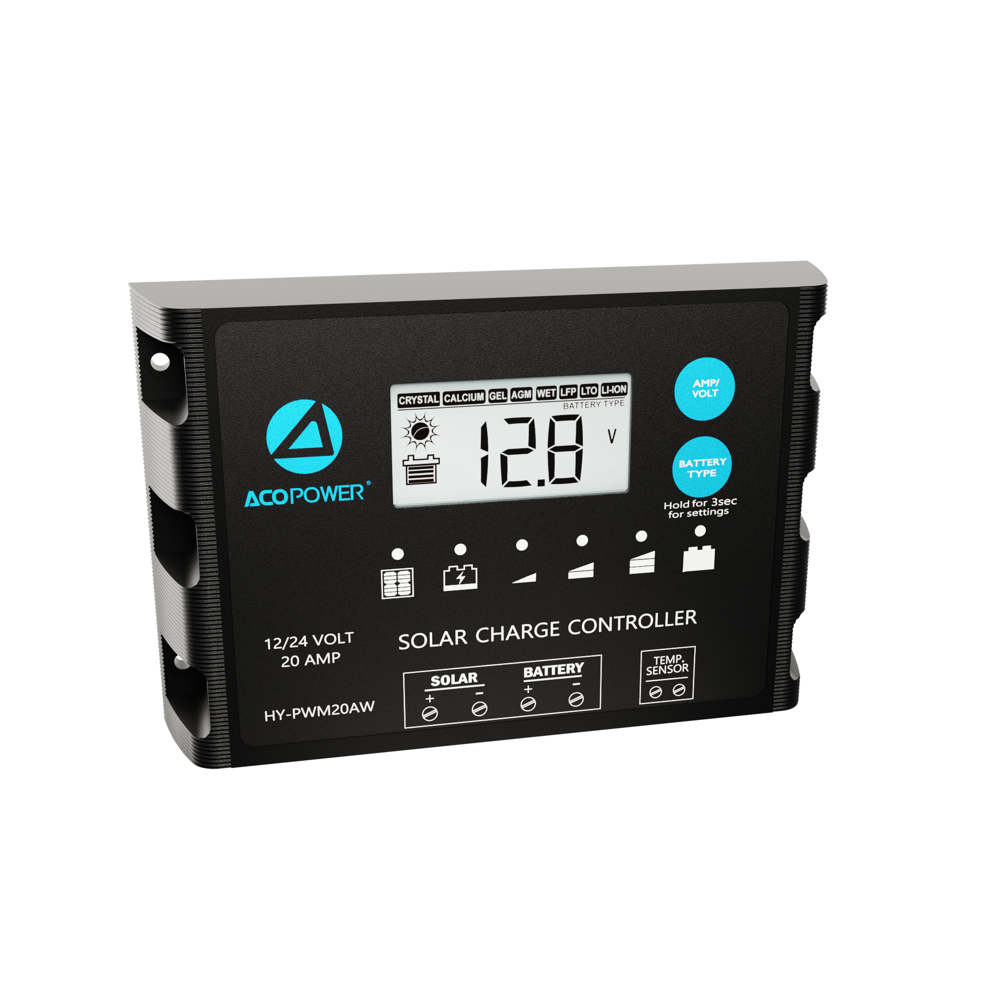 ACOPOWER 20A ProteusX Controlador de carga solar PWM impermeable con pinzas de cocodrilo y conectores MC4