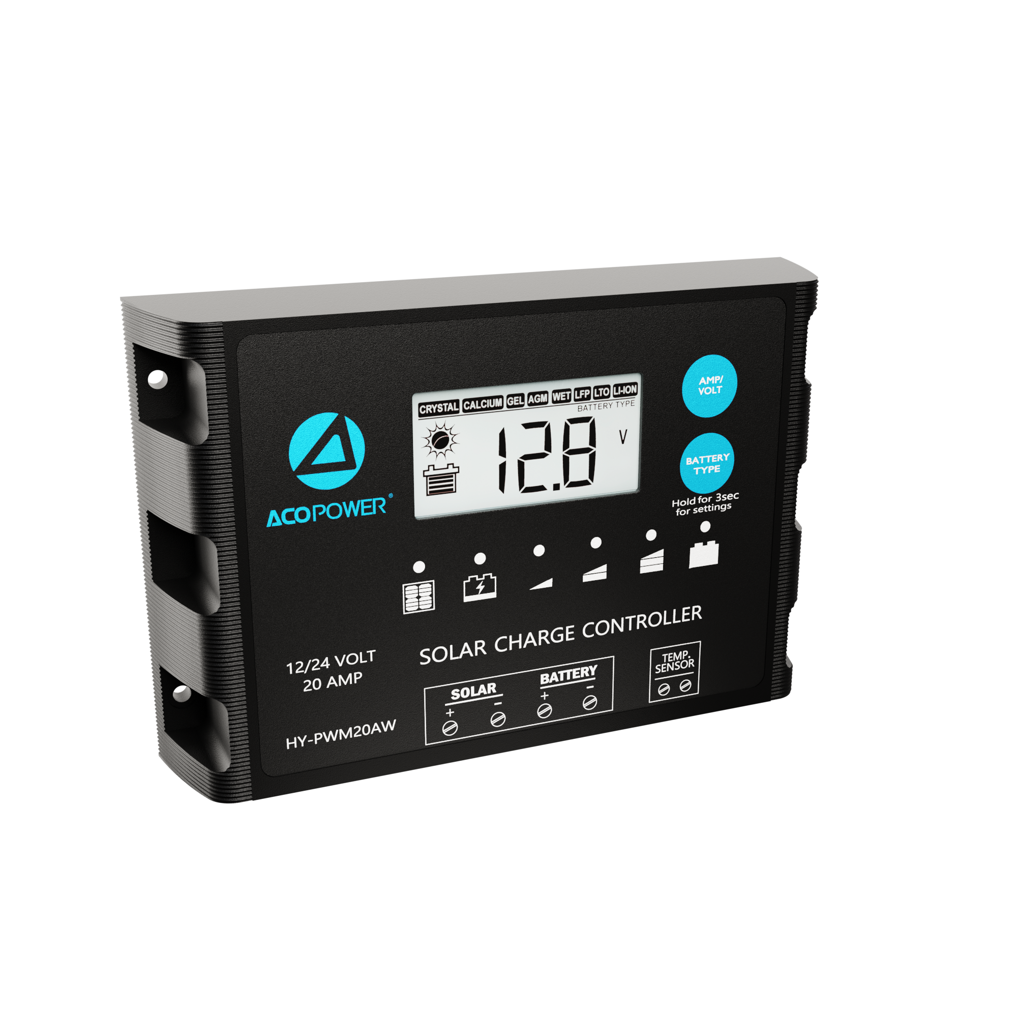 ACOPOWER 20A ProteusX Controlador de carga solar PWM impermeable con pinzas de cocodrilo y conectores MC4