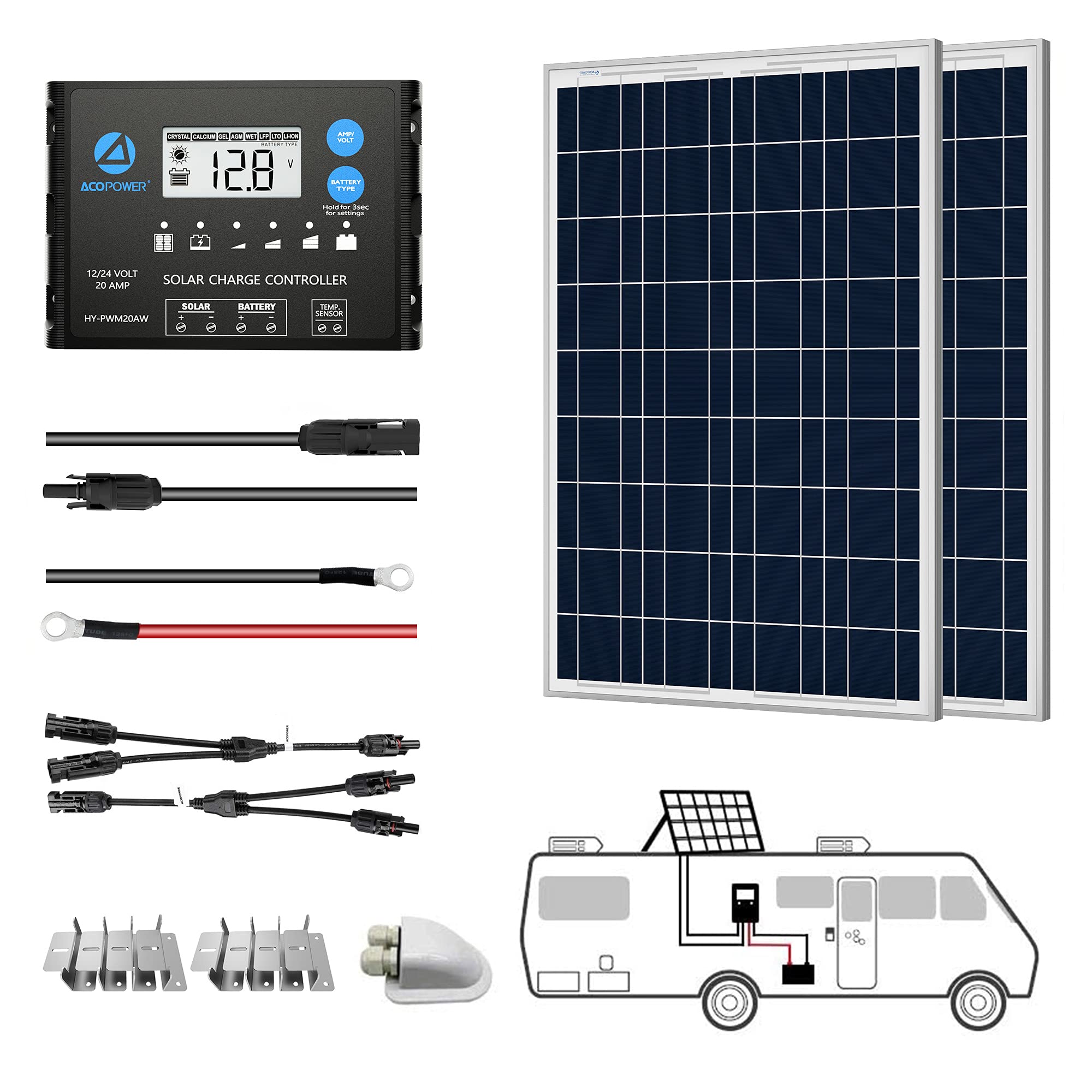 Kits solares polivinílicos ACOPOWER de 12 V + controlador de carga MPPT/PWM 