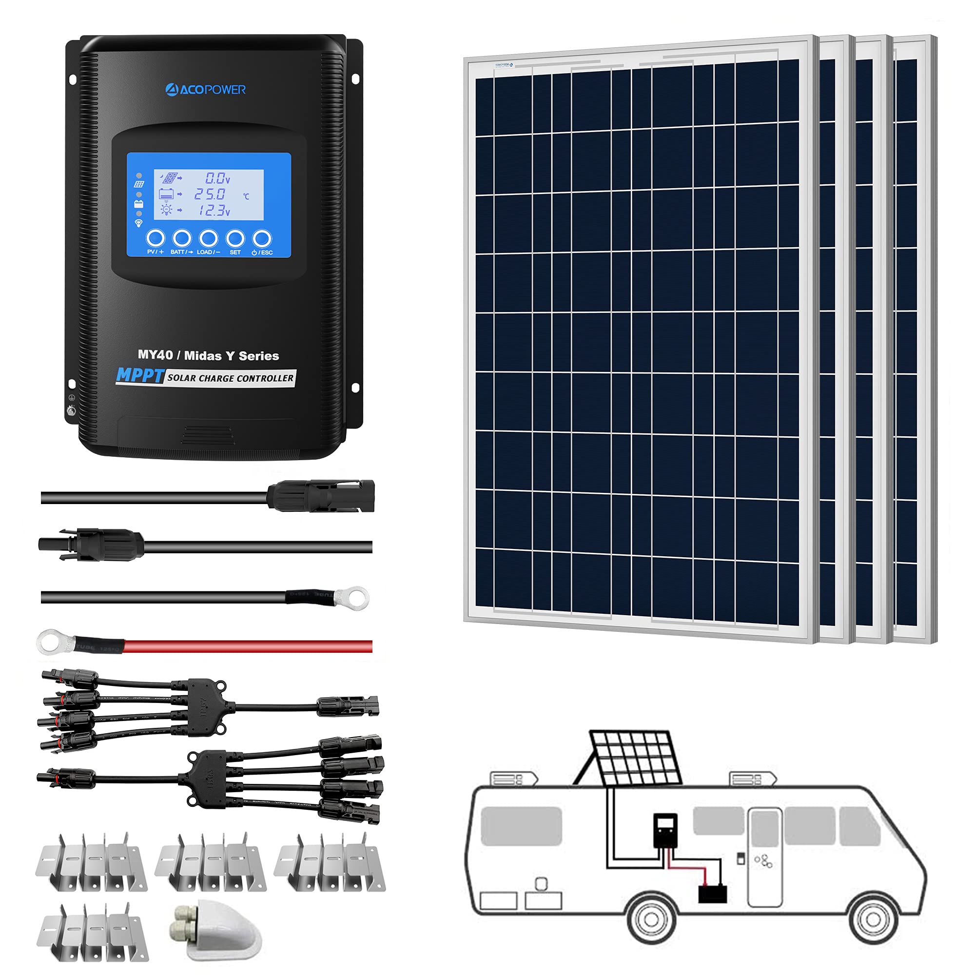 Kits solares polivinílicos ACOPOWER de 12 V + controlador de carga MPPT/PWM 