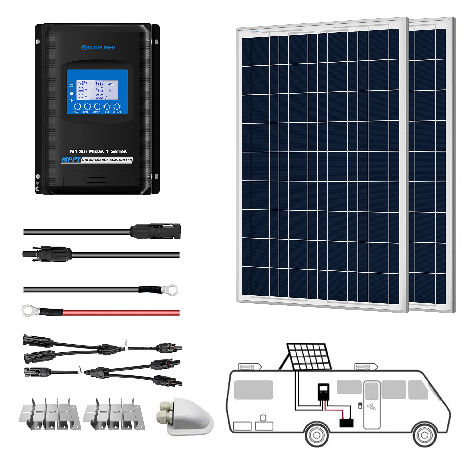 Kits solares polivinílicos ACOPOWER de 12 V + controlador de carga MPPT/PWM 